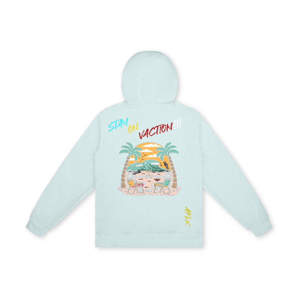 Light blue hoodie with graphic design and text on a white background