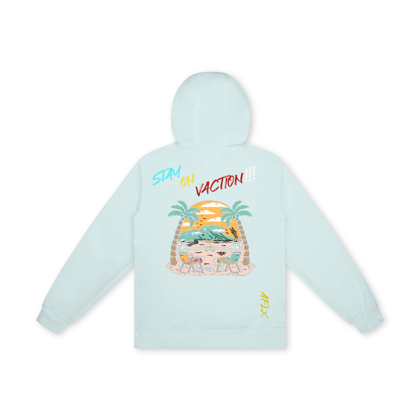 Light blue hoodie with graphic design and text on a white background