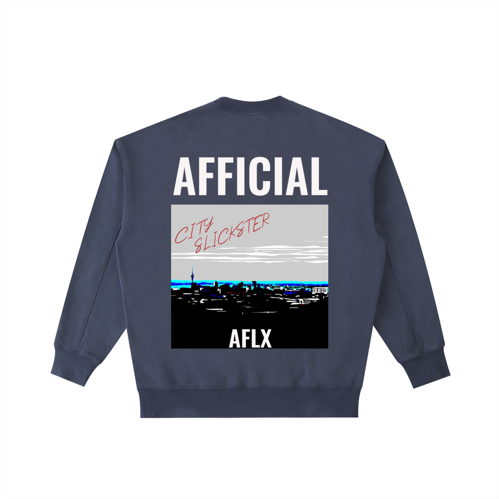 Navy blue sweatshirt with 'AFFICIAL' and cityscape design on the back, on a white background