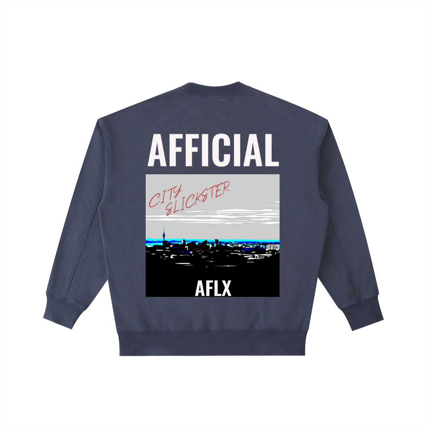 Navy blue sweatshirt with 'AFFICIAL' and cityscape design on the back, on a white background