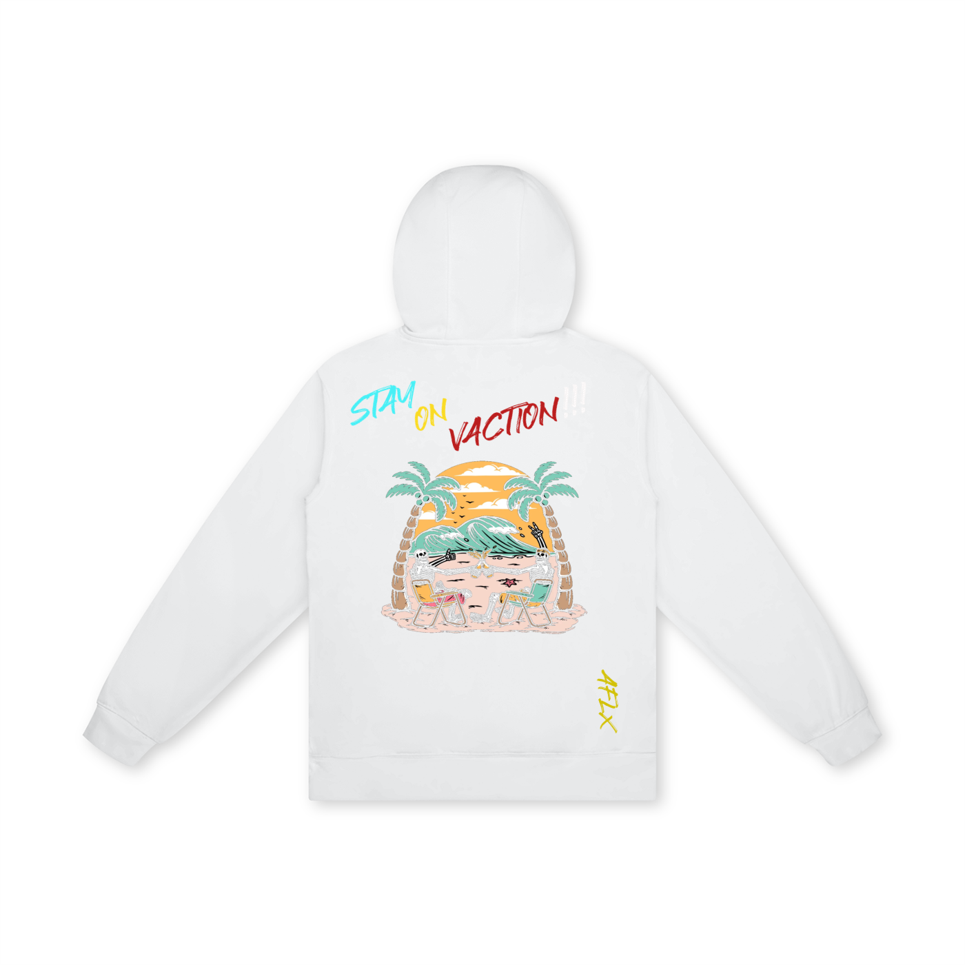 White hoodie with colorful graphic design on a white background