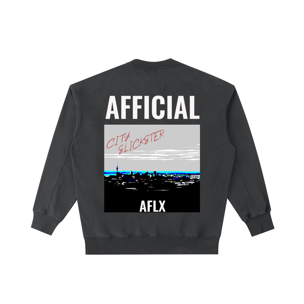 Black sweatshirt with 'AFFICIAL' and 'AFLX' text on a white background