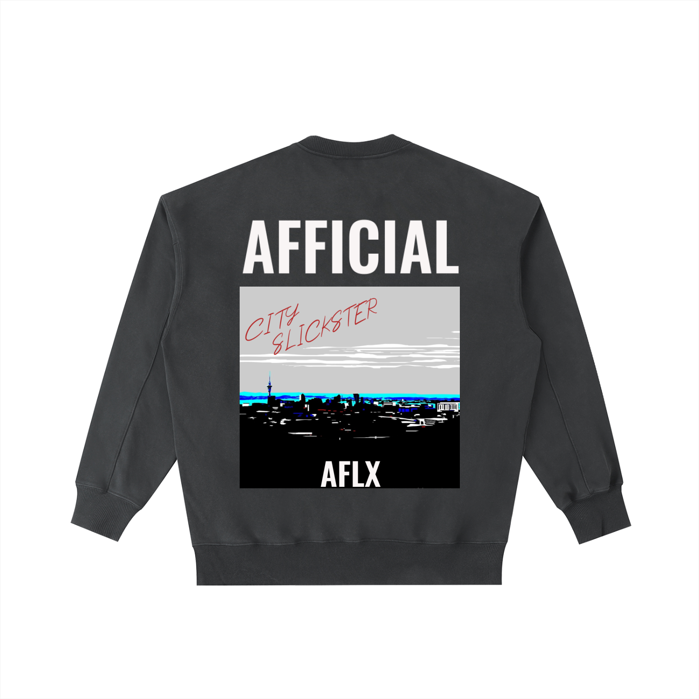 Black sweatshirt with 'AFFICIAL' and 'AFLX' text on a white background