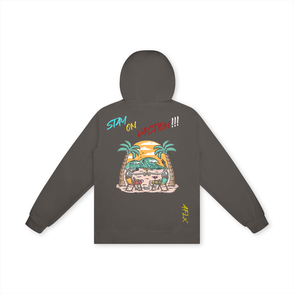 Gray hoodie with colorful graphic design on the back against a white background