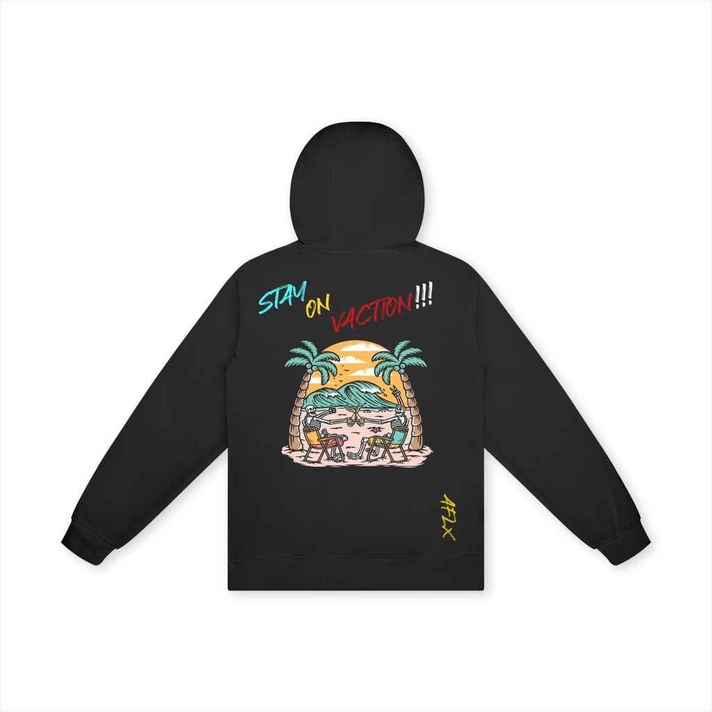 Black hoodie with colorful graphic design on the back against a white background