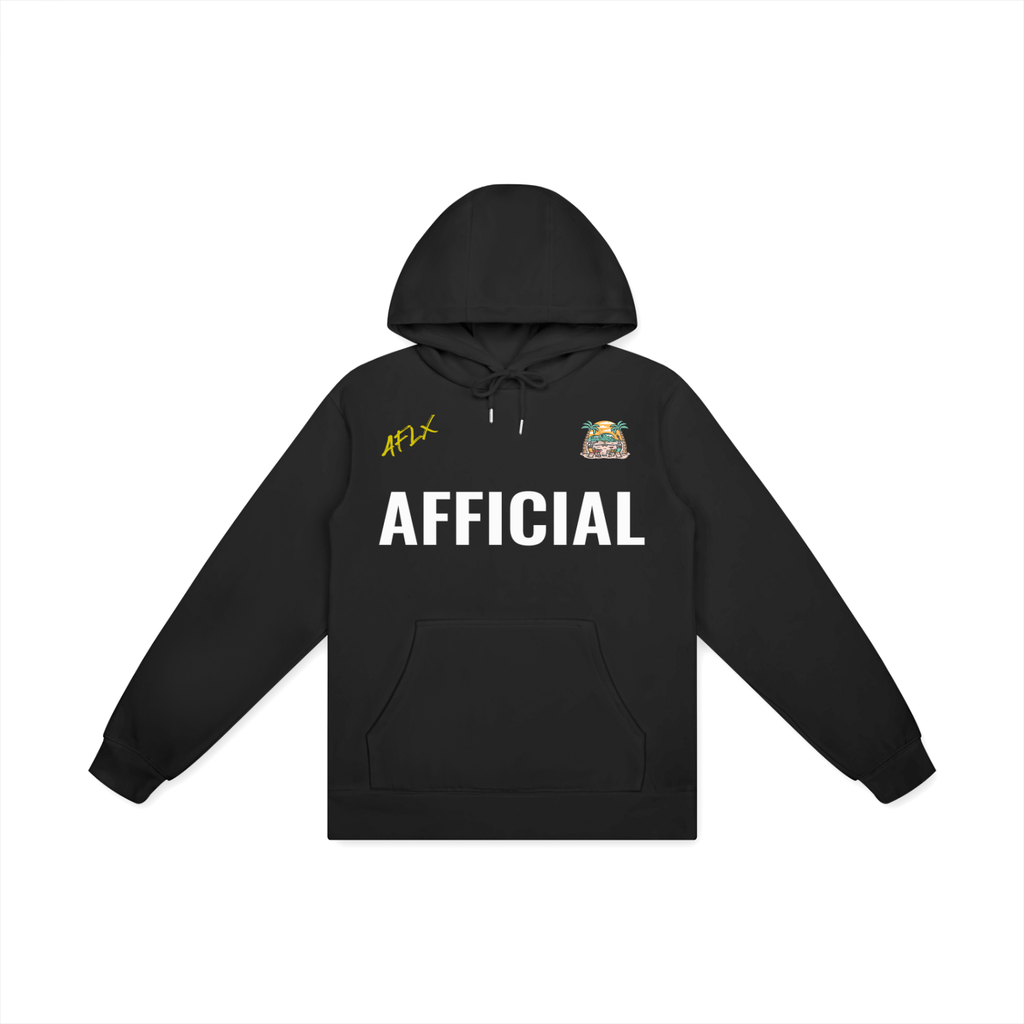 Black hoodie with 'AFLX' on the chest and 'AFFICIAL' on the front, on a white background