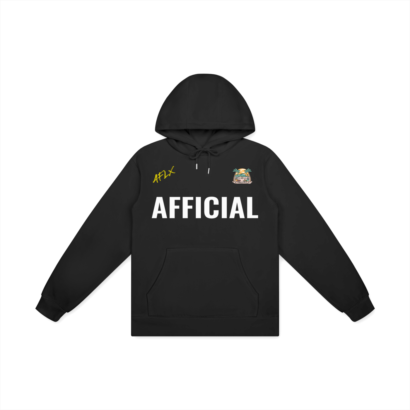 Black hoodie with 'AFLX' on the chest and 'AFFICIAL' on the front, on a white background