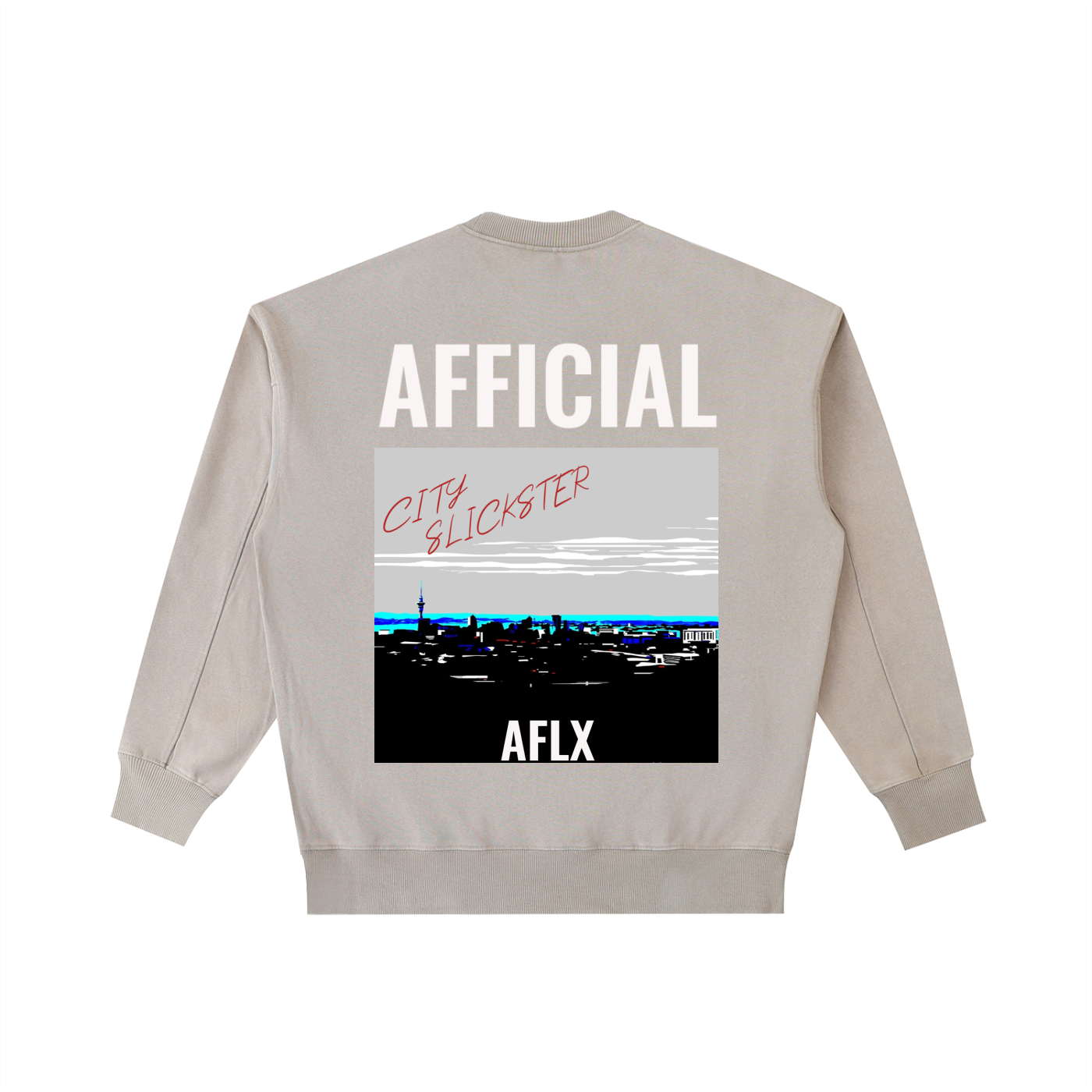 Beige sweatshirt with 'AFFICIAL' text on the back and a graphic design.